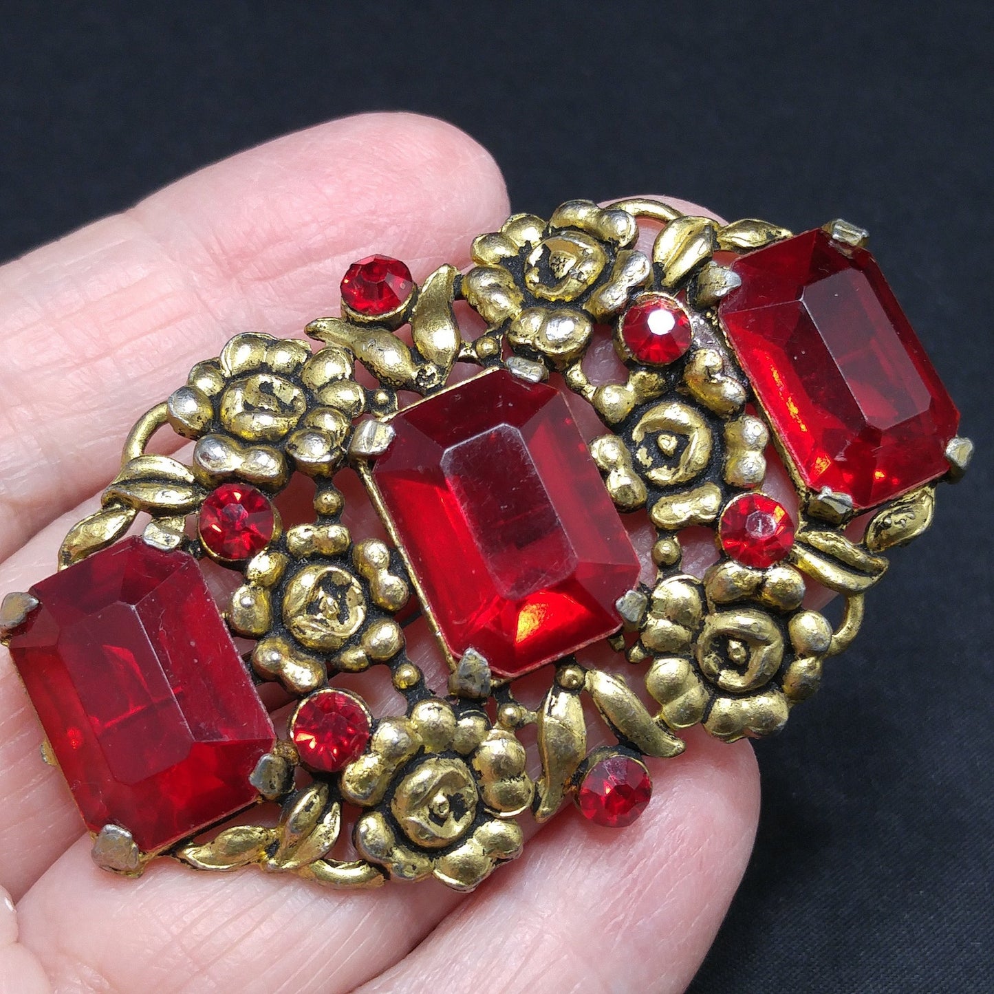 Art Nouveau Red Glass Floral Brooch, Three Red Emerald Cut Stones, 1930s Vintage Jewelry