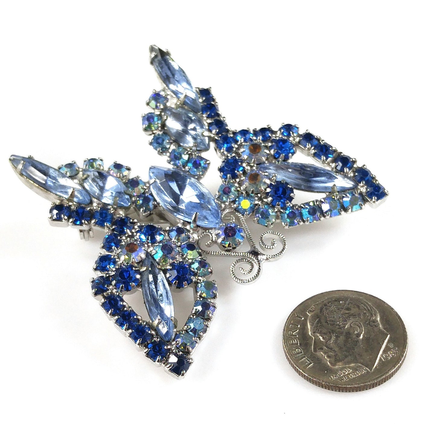 Blue Butterfly Brooch, Aurora Borealis, Rhodium Plated, 1960s Vintage Jewelry