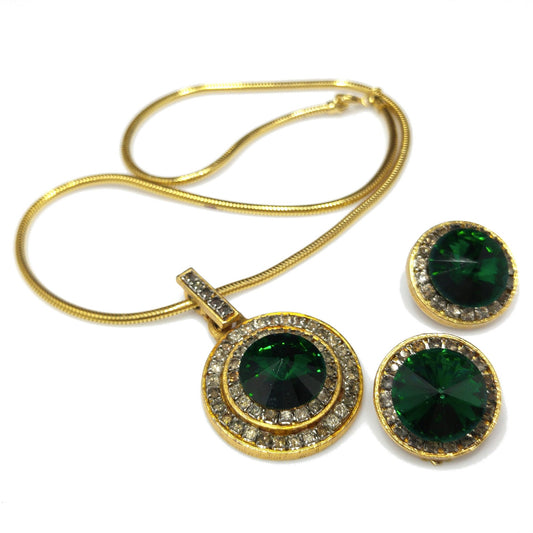 Vintage Green Rivoli Necklace & Earrings, Pave Clear Rhinestones, 1970s Vintage Jewelry