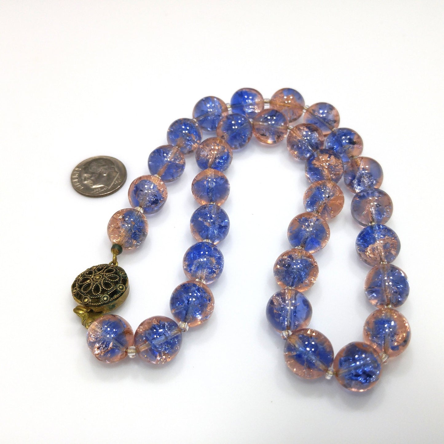 Blue Pink Crackle Glass Beaded Necklace, Filigree Brass Clasp, 1950s Vintage Jewelry