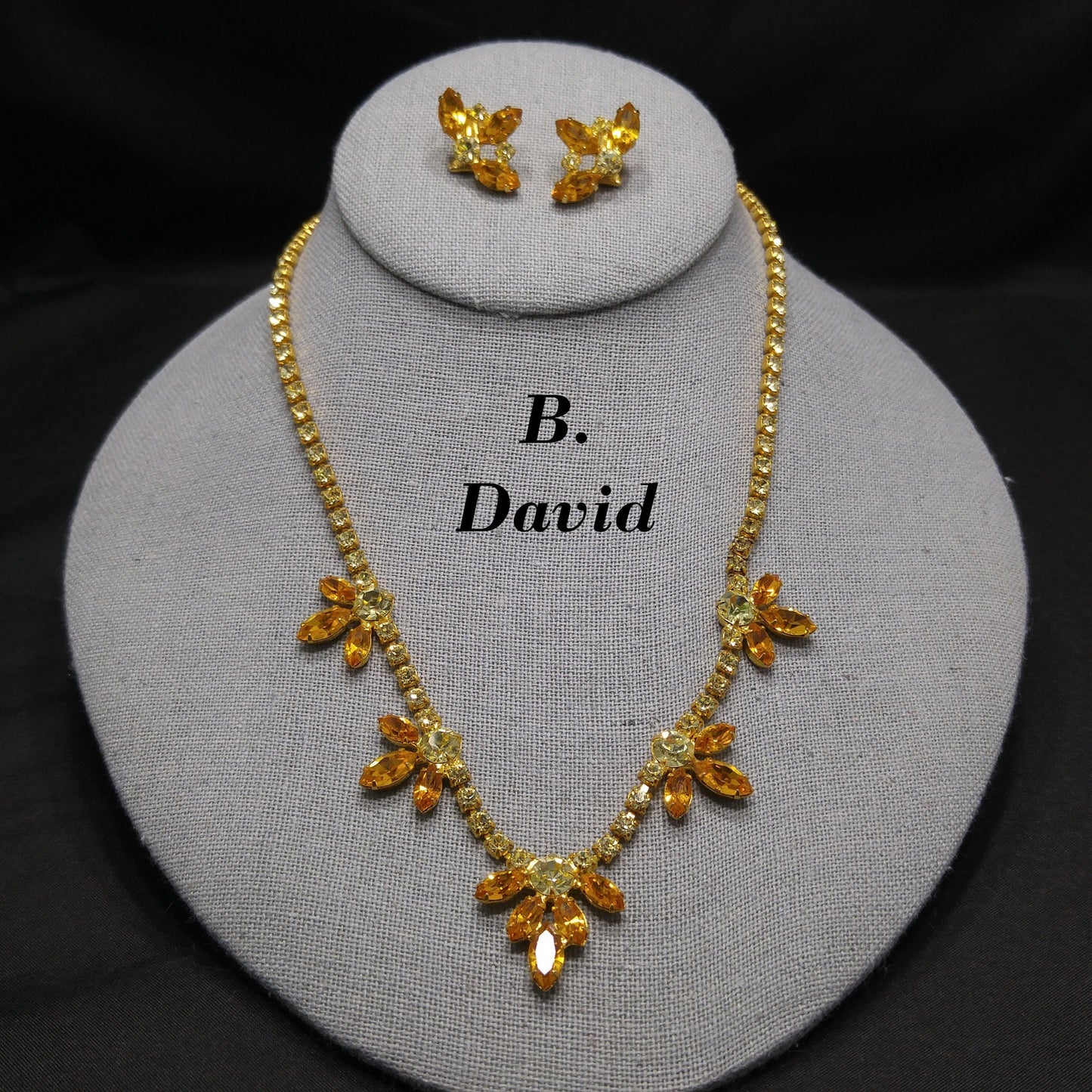 B. David Light Topaz Necklace & Earrings, Gold Plated, 1960s Vintage Jewelry