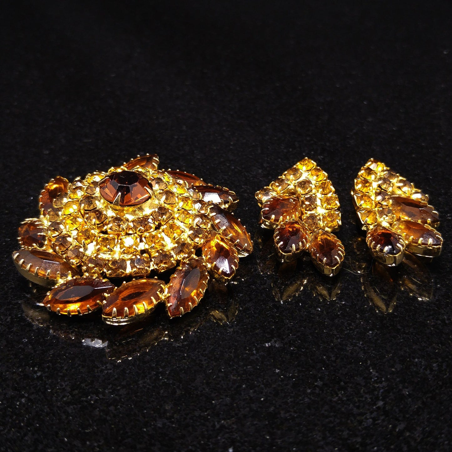 Domed Topaz Rhinestone Brooch & Earrings Set, Gold Plated, 1960s