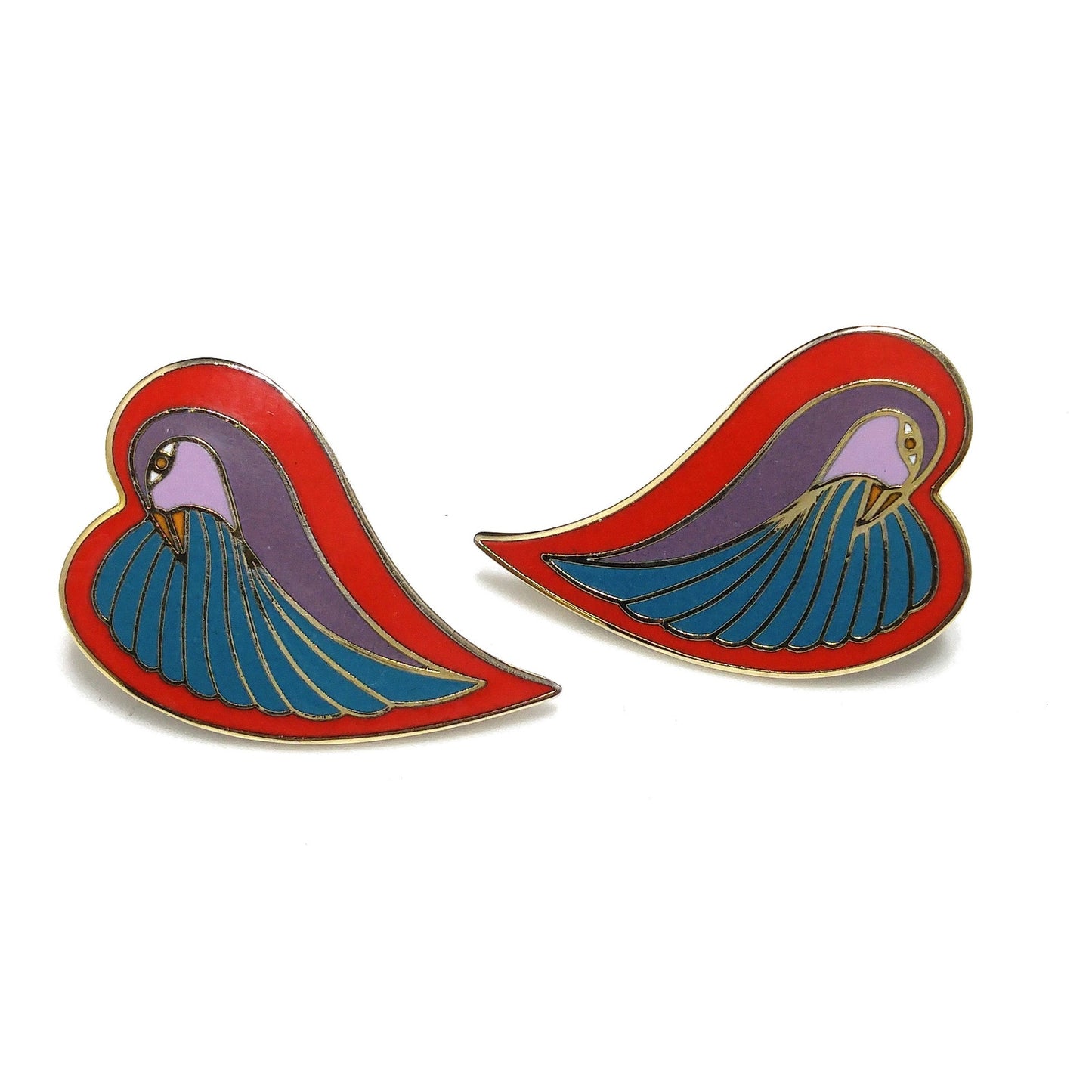 Laurel Burch "Dove Heart" Post Earrings, Gold Plated, 1980s Vintage Jewelry