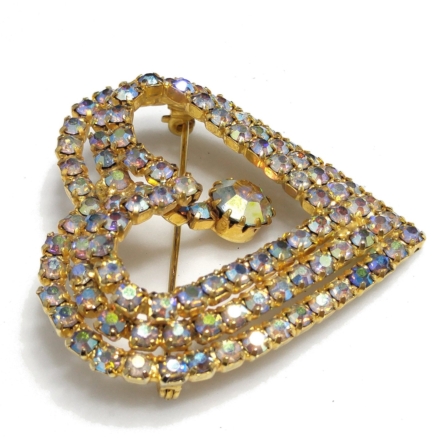 Aurora Borealis Heart Brooch, AB Rhinestone Dangle, 1960s Vintage Jewelry