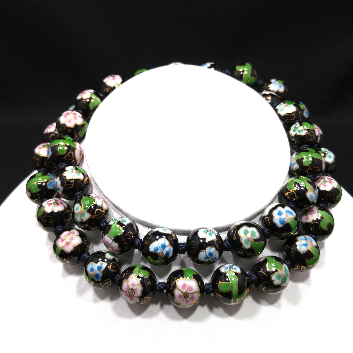 Vintage Black Cloisonné Floral Beaded Necklace, Pink Green Flowers, 1960s Vintage Jewelry
