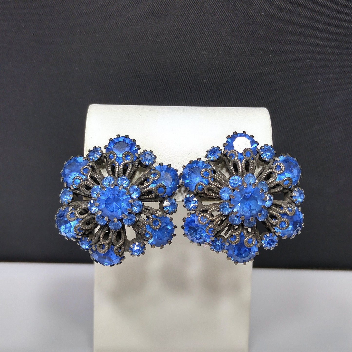 Vendome Blue Rhinestone Floral Clip Earrings, Antiqued Silver Tone, 1950s Vintage Jewelry
