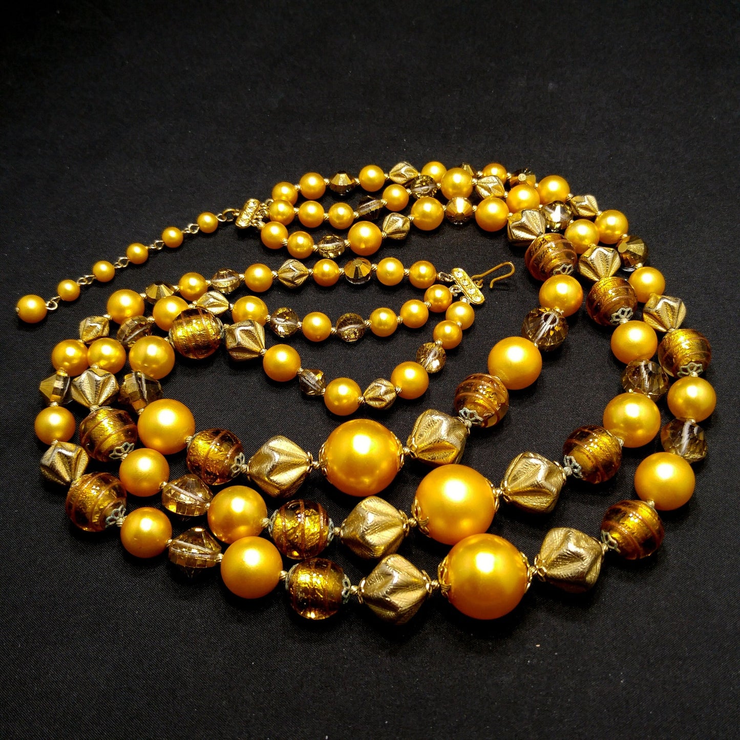 Vintage 1950s Gold Glass Bead Necklace, 3 Strand Mid-Century Statement Jewelry
