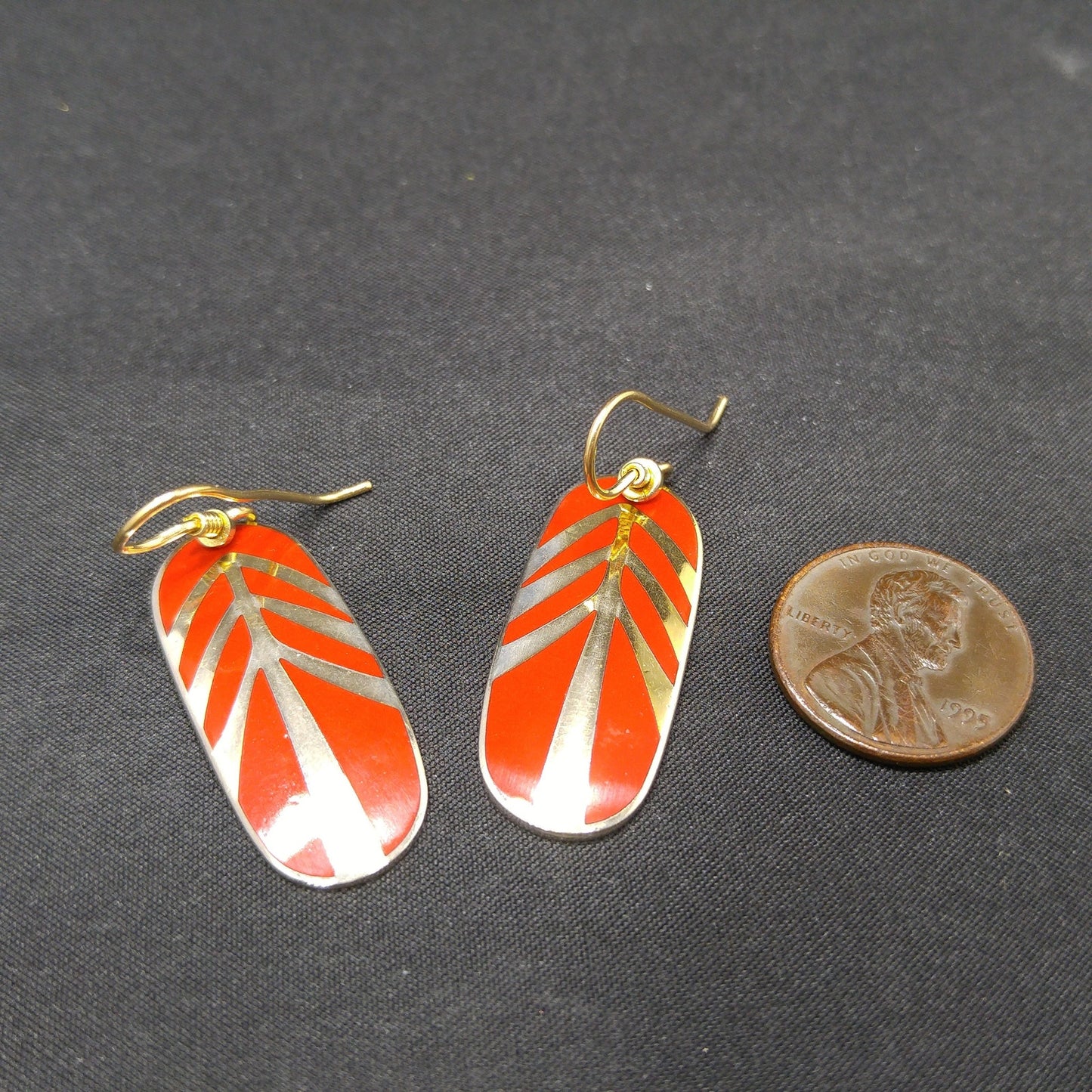 Vintage Laurel Burch "Tahoe Arrow" Earrings, Bright Red Enamel, Gold Plated