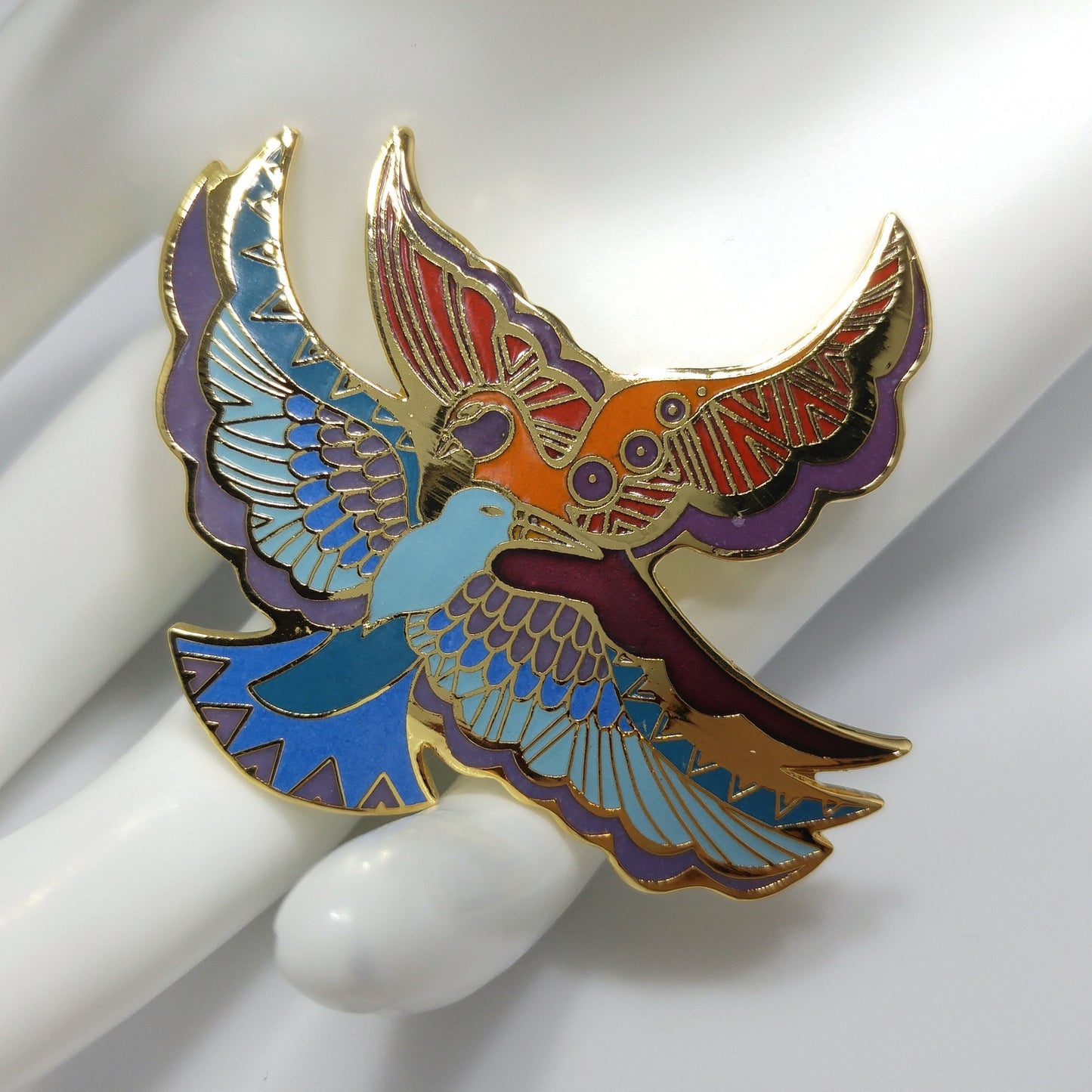 Laurel Burch "Ethereal Birds" Brooch, Cloisonné and Enamel, Gold Plated, 1980s Vintage Jewelry