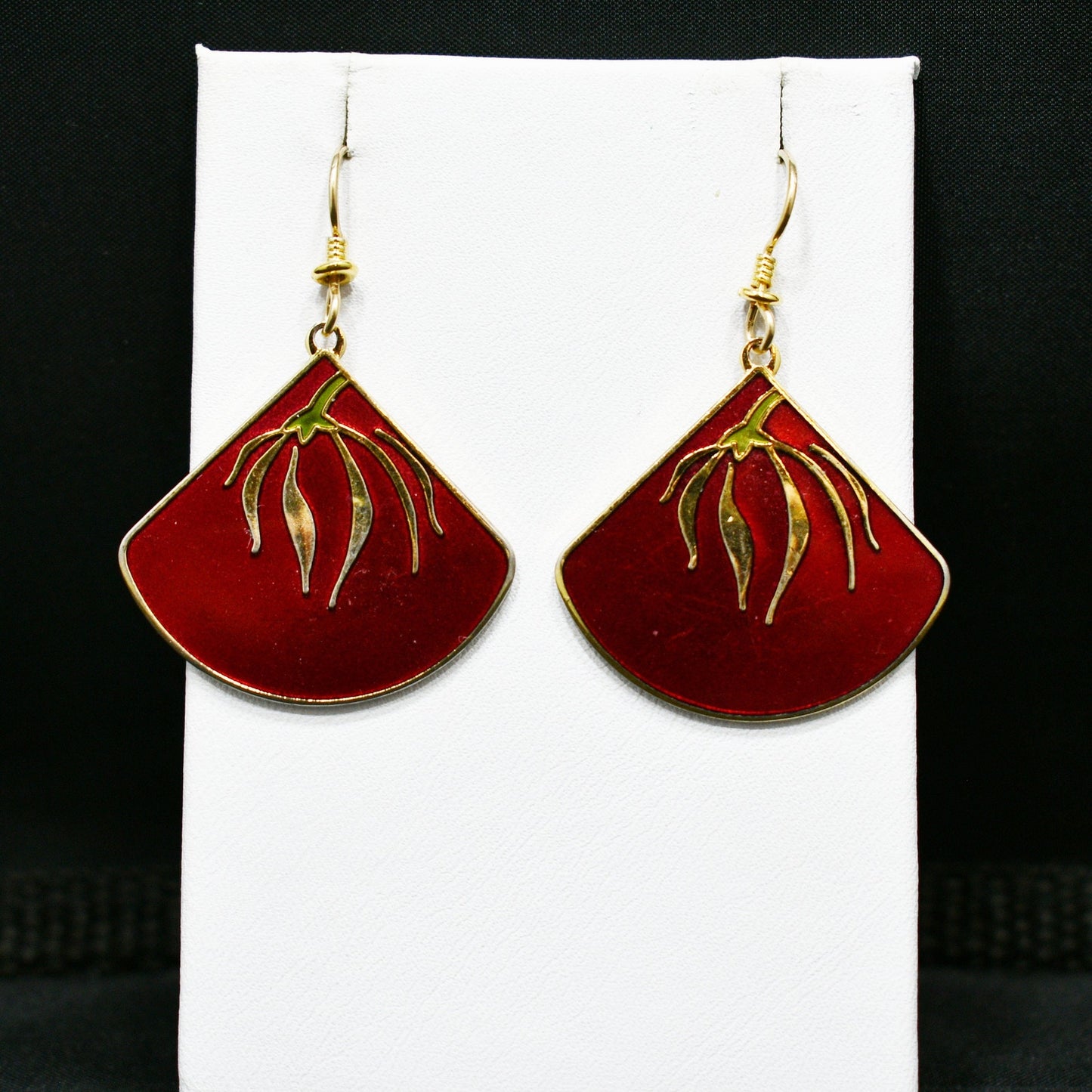Laurel Burch "Willow Fan" Earrings, Gold Plated, Cloisonne Red Enamel, 1980s
