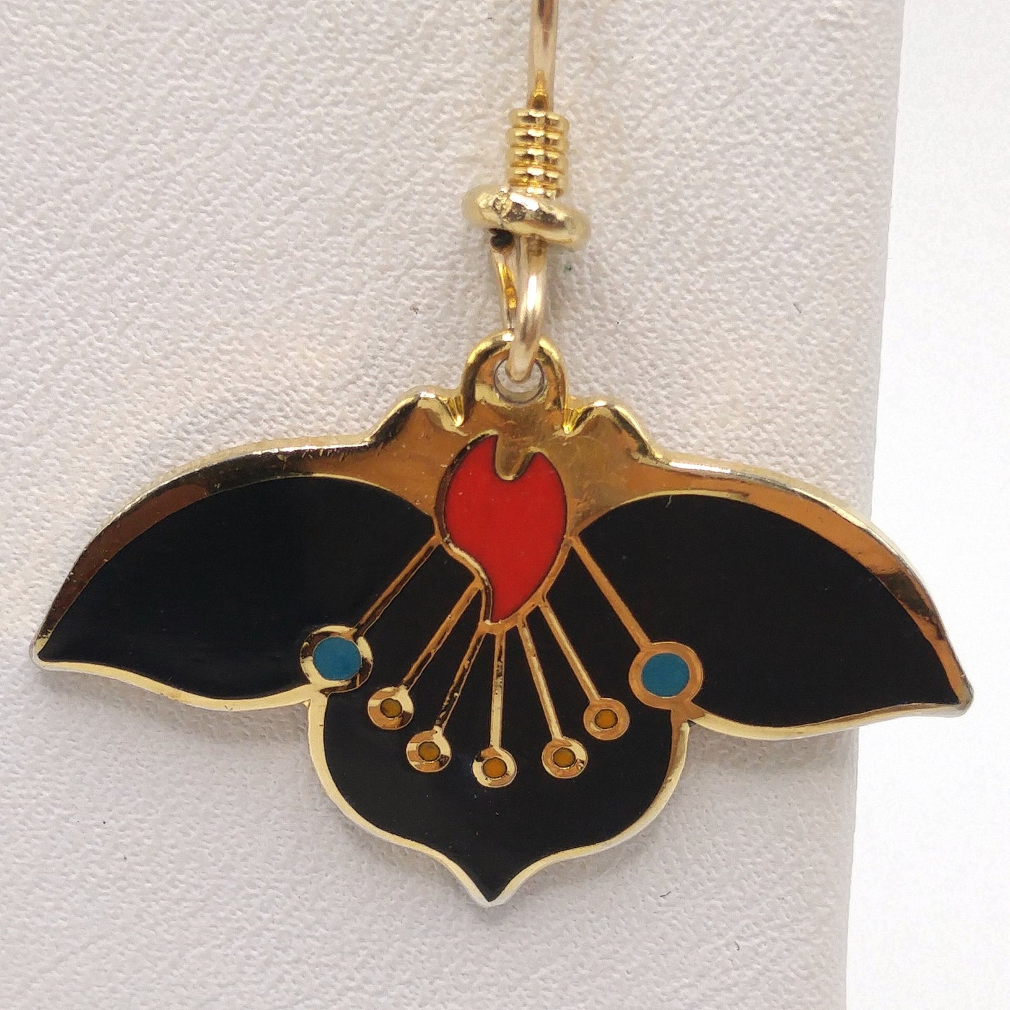 Vintage Laurel Burch "Desert Flower" Earrings, Black Red Enamel, Gold Plated, 1980s
