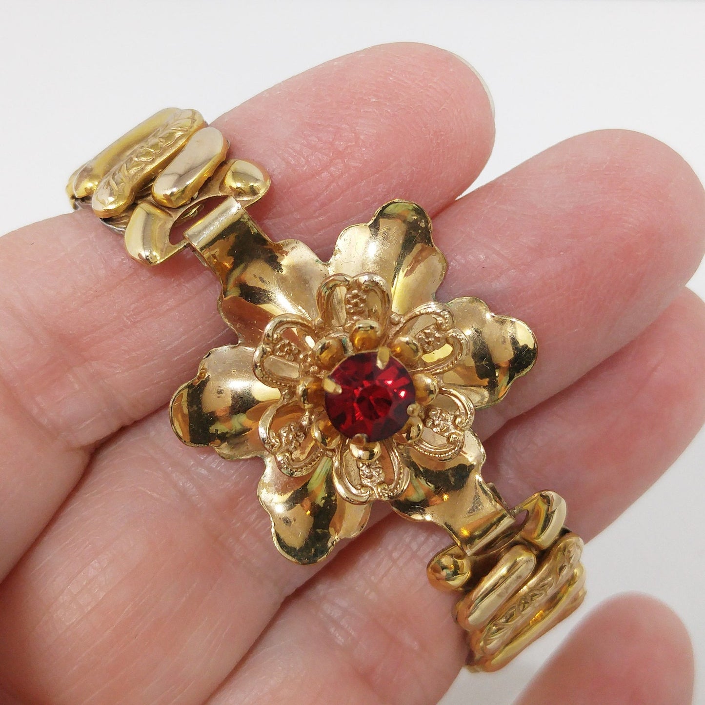 Barclay Gold Filled Flower Expansion Bracelet, Red Crystal Gold Flower