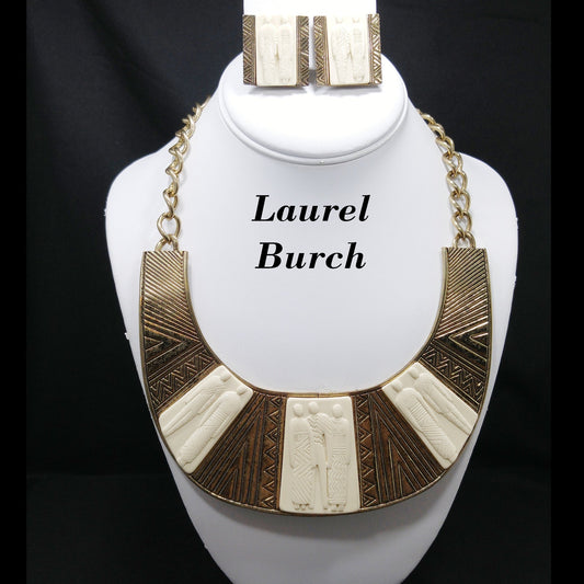 Laurel Burch Tribal Necklace & Clip Earrings, Lucite Gold Plate, 1980s Vintage Jewelry