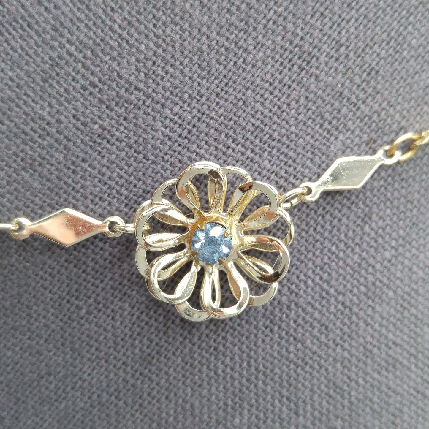 Mid-Century Floral Necklace, Light Blue Rhinestones, Gold Plated, 1950s Vintage Jewelry