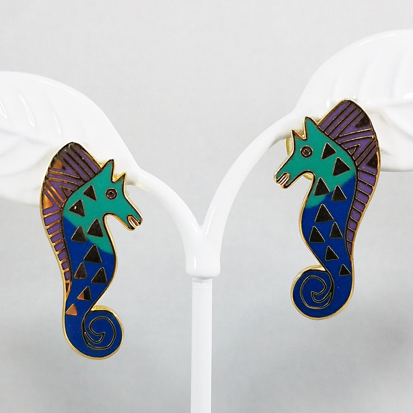 Vintage Laurel Burch "Sea Stallion" Post Earrings Teal Lavender & Gold SEA HORSE