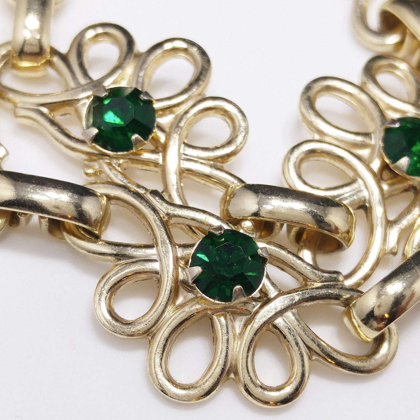 Green Rhinestone Necklace & Bracelet Set, Gold Tone, 1950s Vintage Jewelry