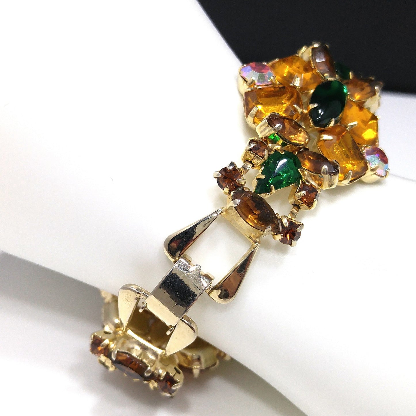 Light Topaz & Green Rhinestone Bracelet, Gold Plated, Aurora Borealis, 1960s Vintage Jewelry
