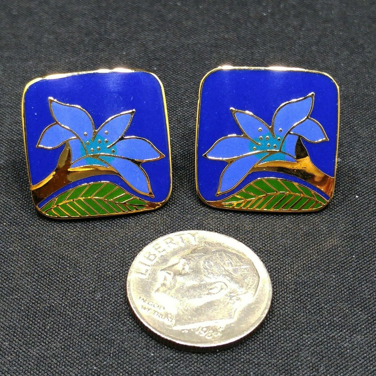Laurel Burch "Wild Lily" Blue Post Earrings, Cloisonne Gold Plated, 1980s