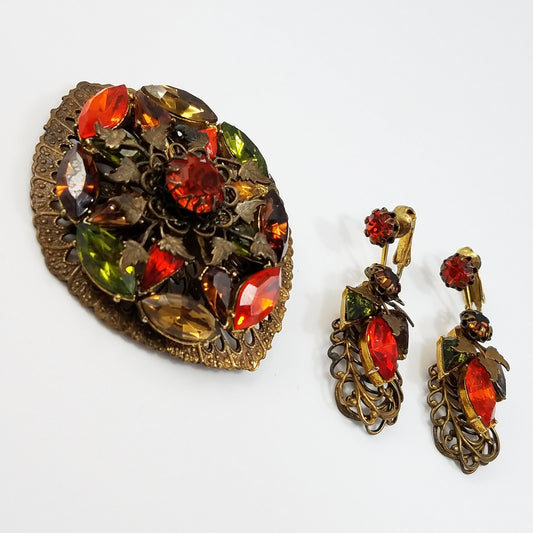 Vintage Filigree Rhinestone Brooch & Earrings, Orange Green Topaz Crystals, Floral Brass Tones, 1950s Vintage Jewelry