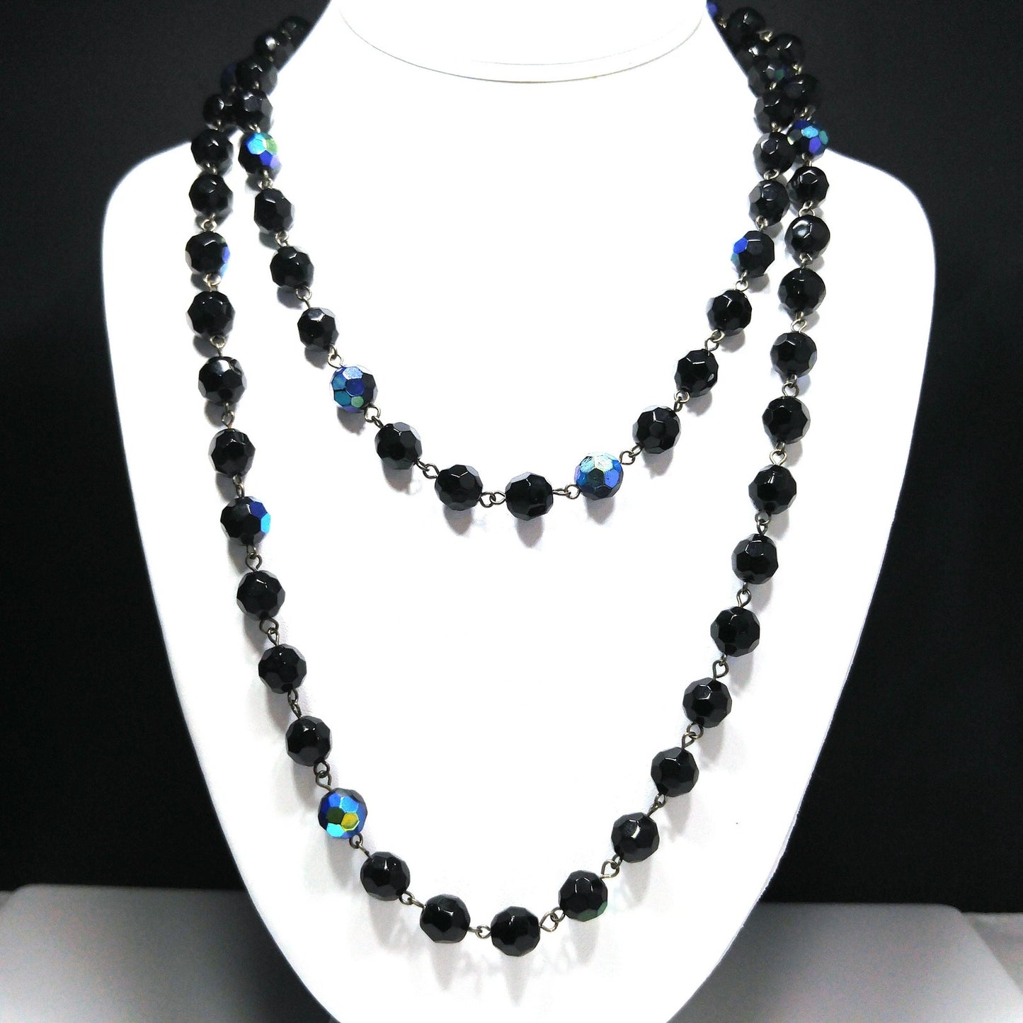 Long Black Crystal Beaded Necklace, Aurora Borealis, No Clasp, 1970s Vintage Jewelry