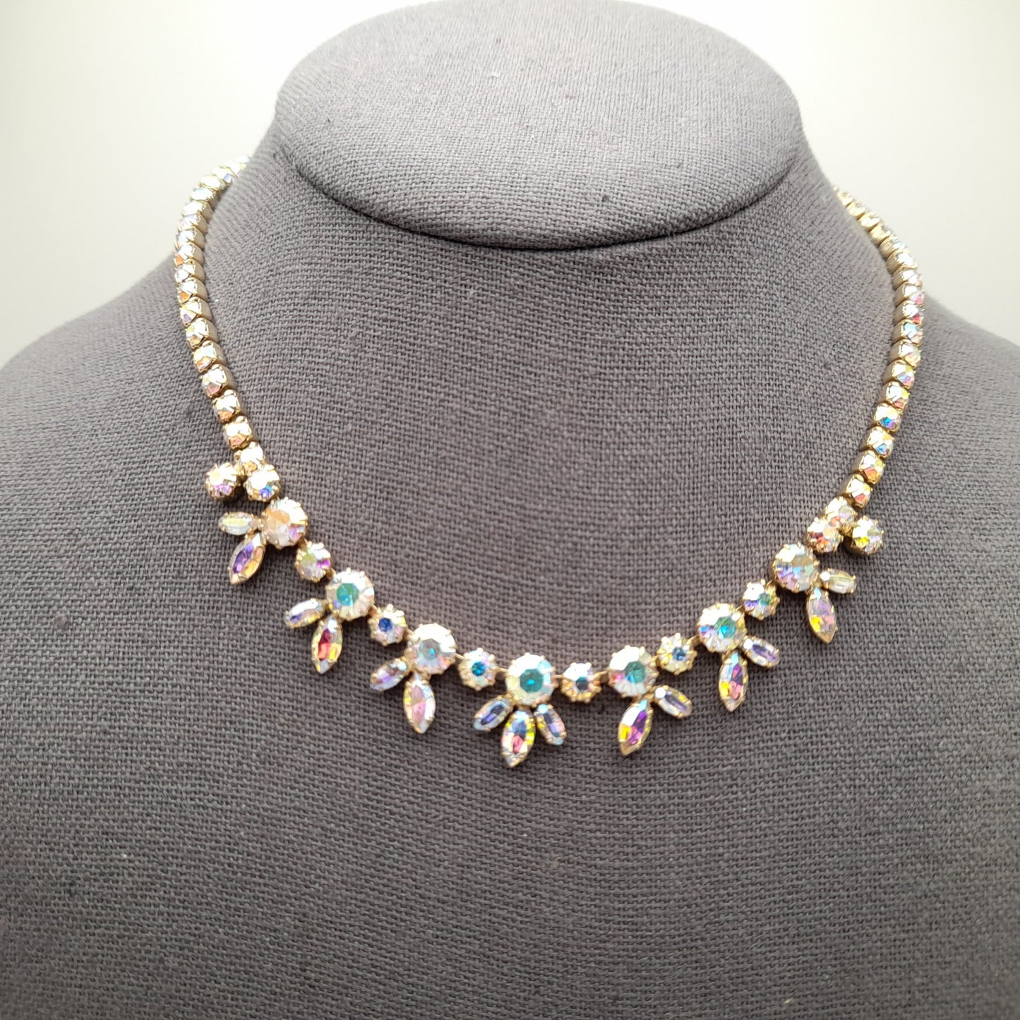 Vintage Sherman Aurora Borealis Rhinestone Gold Plated Choker Necklace, 1960s