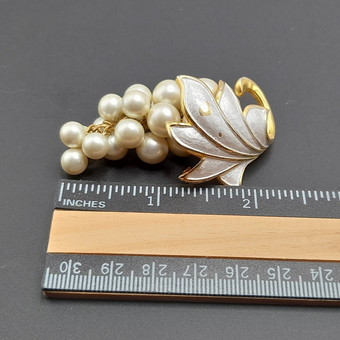 Vintage Alice Caviness Grape Cluster Brooch, White Enamel Leaf, Faux Pearl Berries, Gold Tone Pin, Mid Century Jewelry