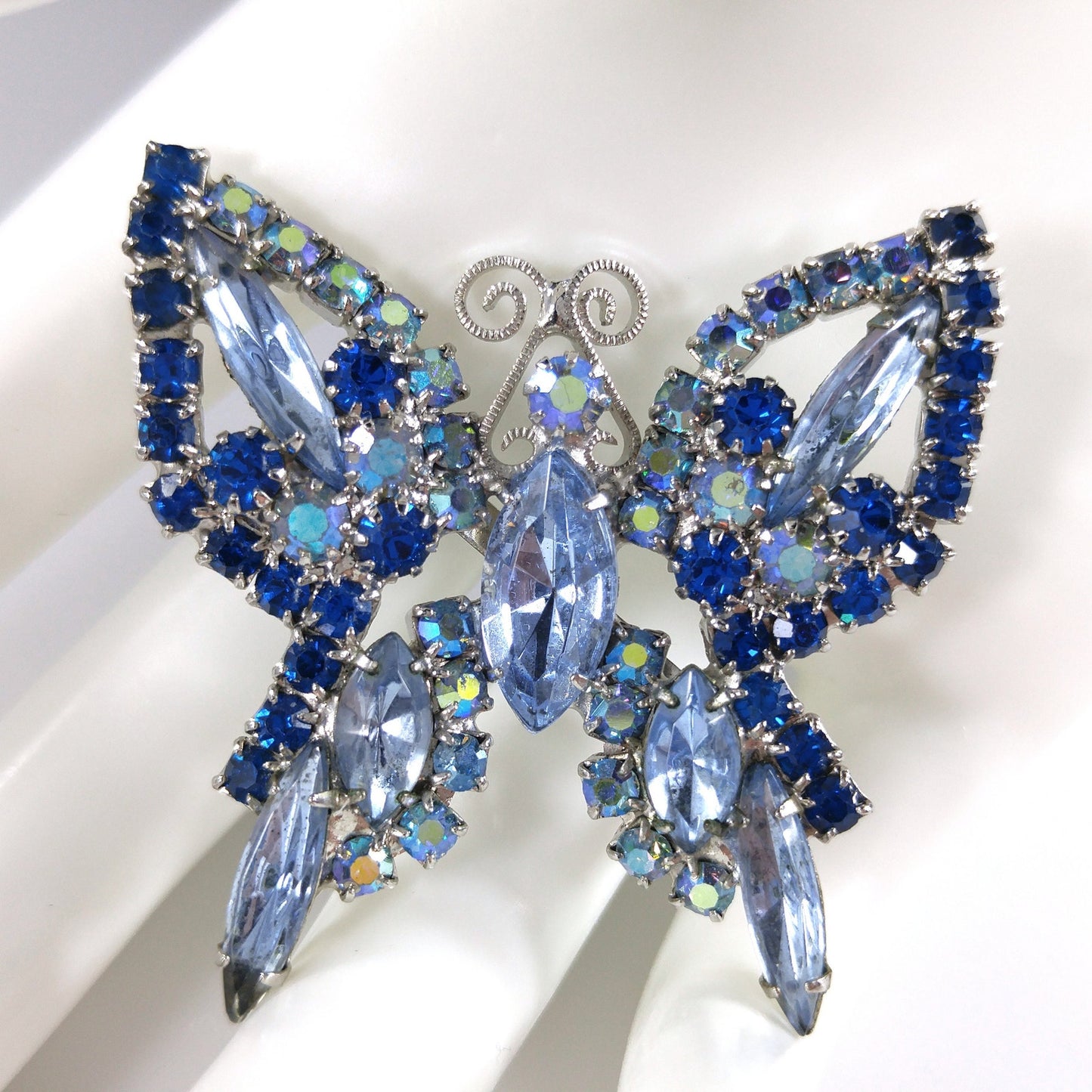 Blue Butterfly Brooch, Aurora Borealis, Rhodium Plated, 1960s Vintage Jewelry