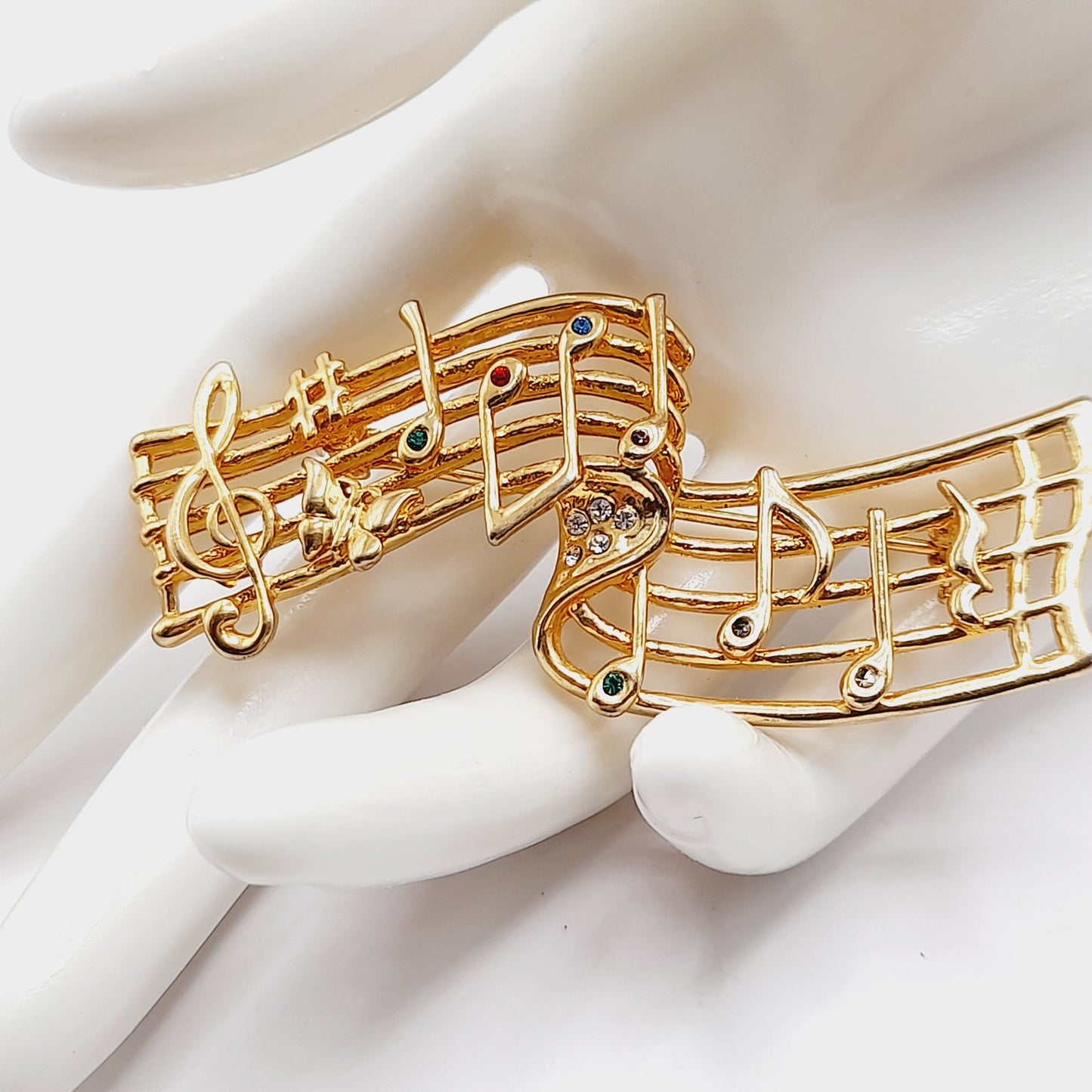 Vintage Musical Notes Brooch Gold Tone Music Staff Pin with Rhinestones – 2.75”
