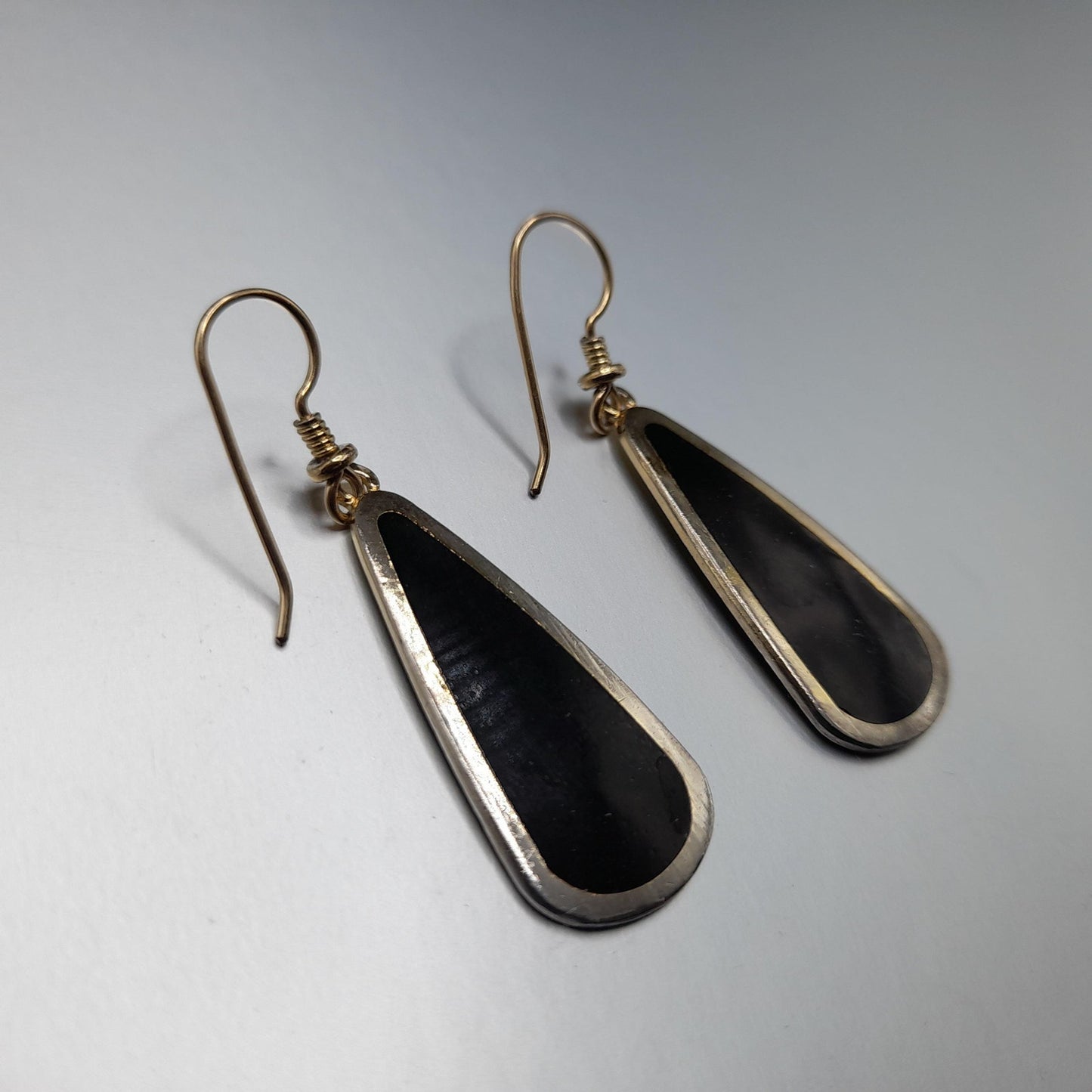 Vintage Laurel Burch Long Teardrop Black Enamel Earrings, Gold Plated 1980s