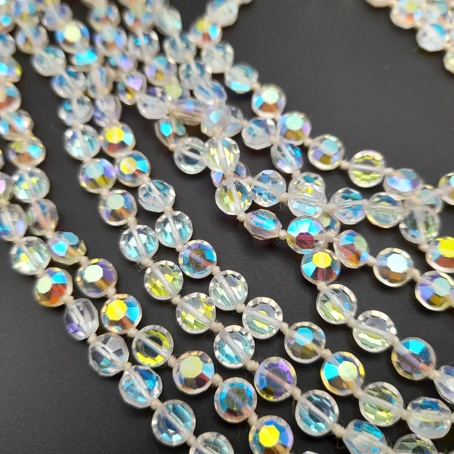 Vintage Flat Crystal Eight Strand Necklace, Hand-knotted, Aurora Borealis