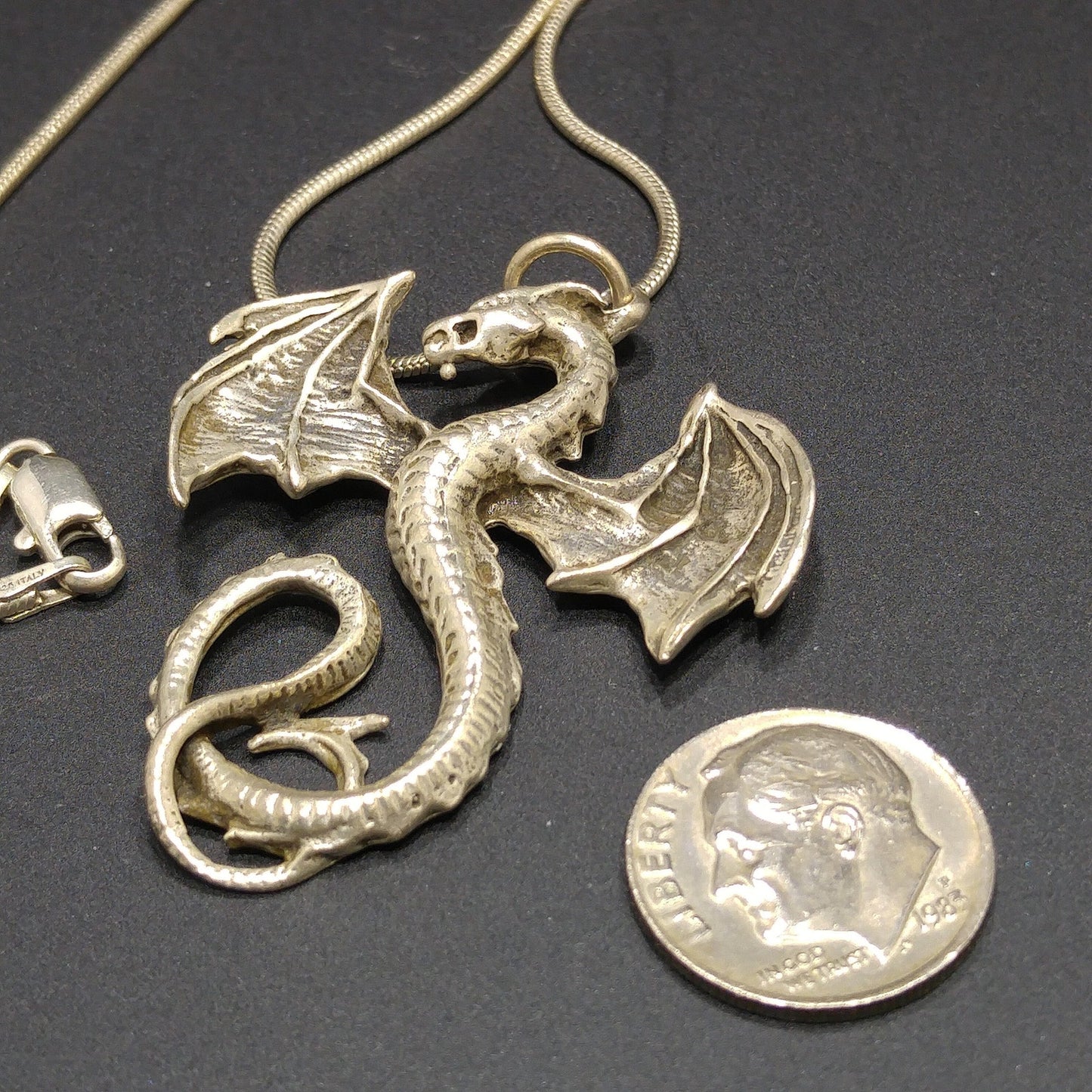 Silver Dragon Pendant Necklace, 925 Italy Snake Chain, 1970s Vintage Jewelry