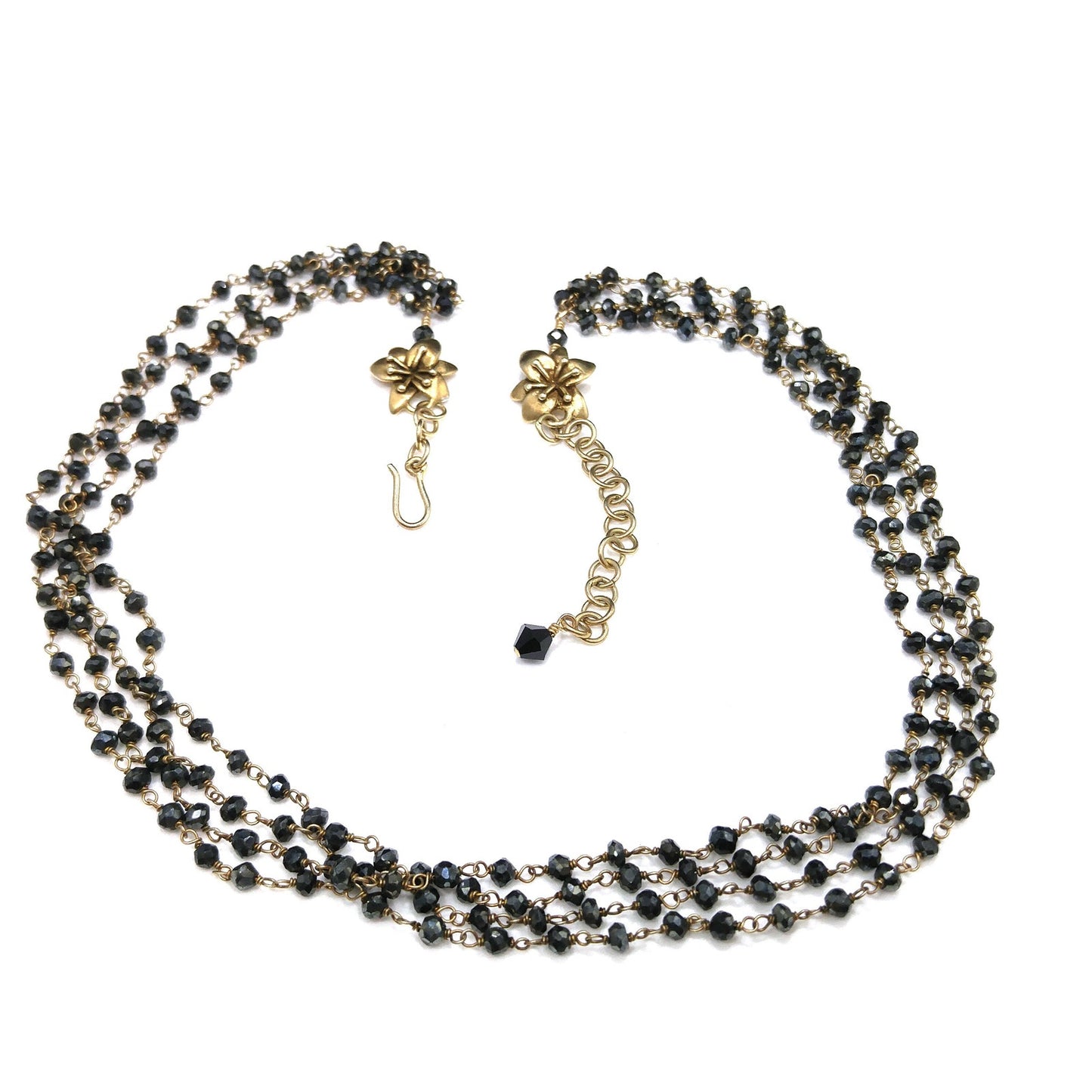 Hand Cut Crystal Wire Wrapped Necklace, Four Strands, Gold Silver Flowers, 1940s Vintage Jewelry