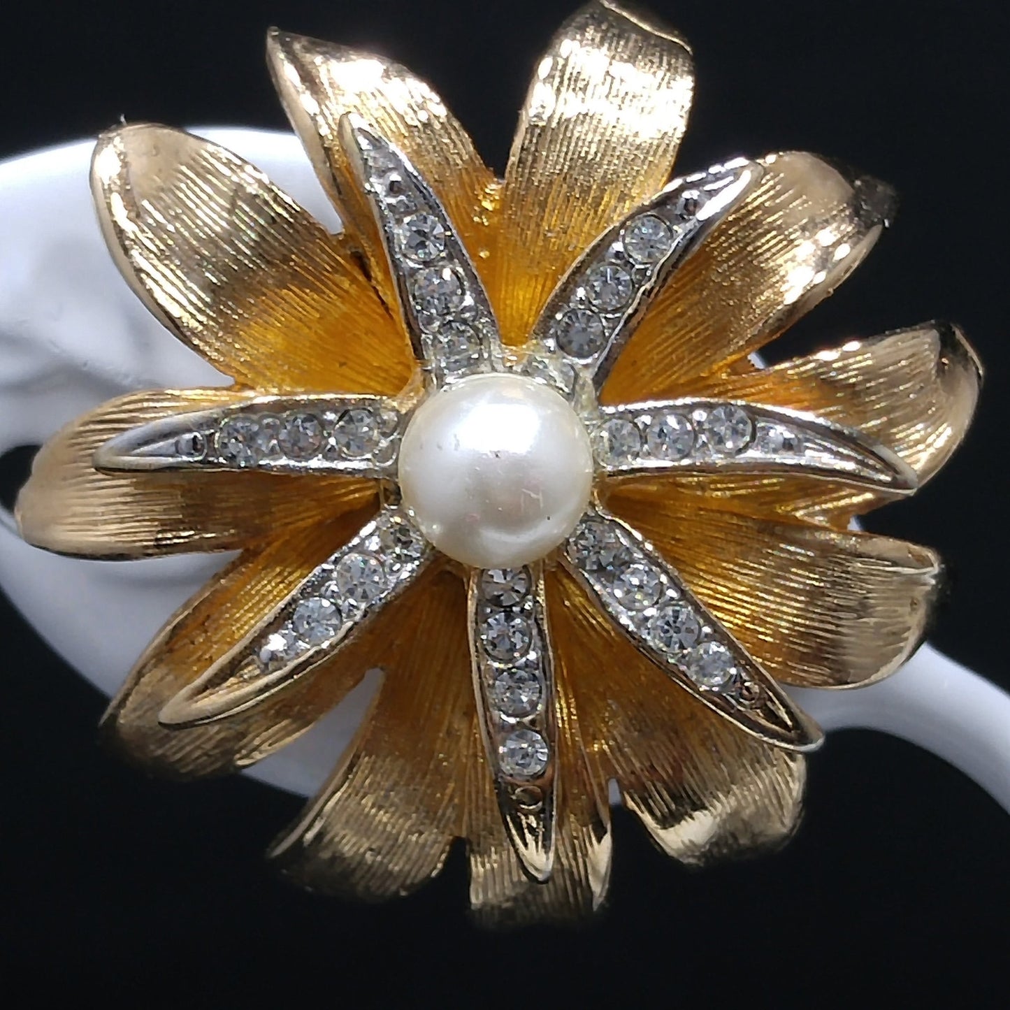 Kramer Floral Rhinestone Brooch & Earrings, Gold Plated, Faux Pearls, 1960s Vintage Jewelry