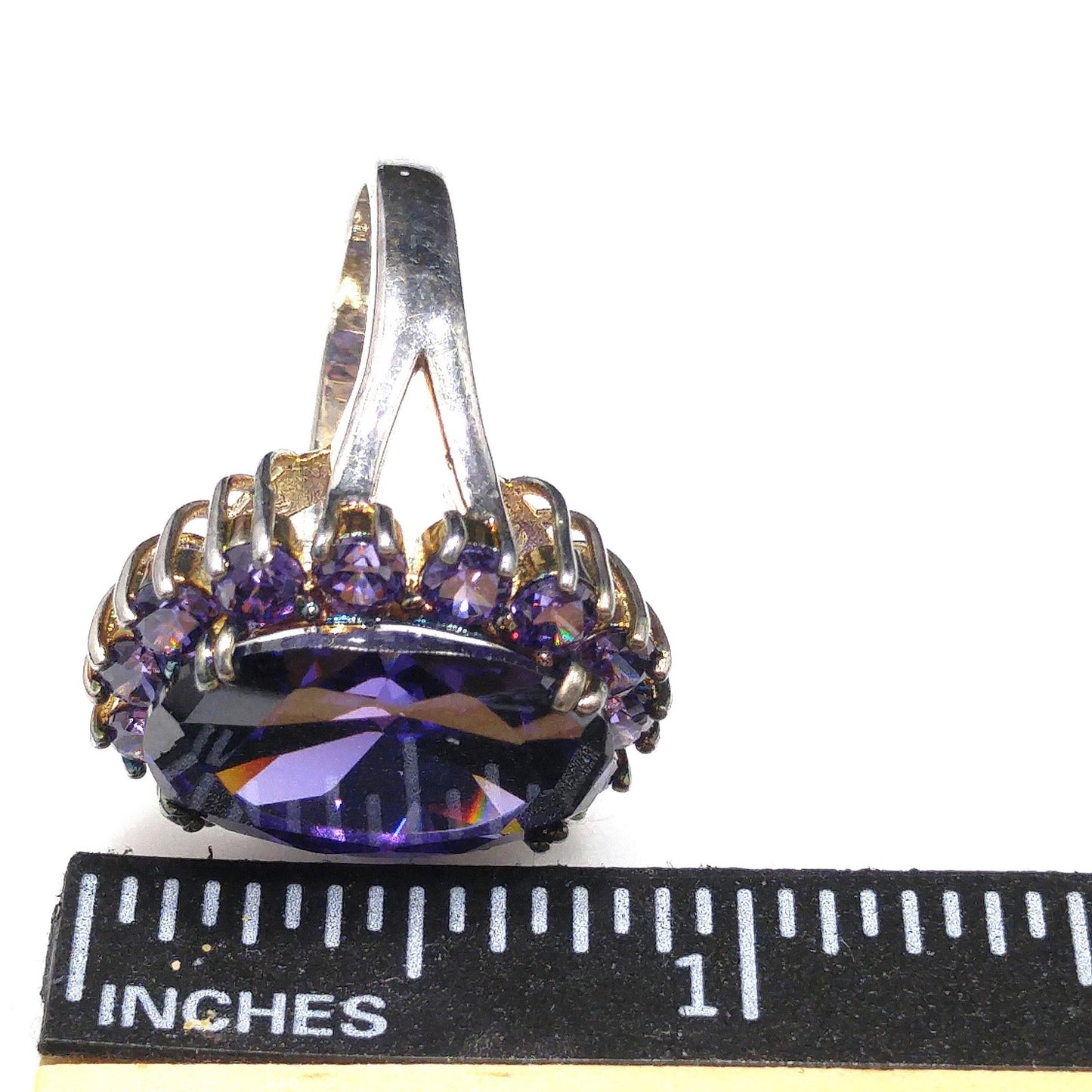 Vintage Sterling Silver Purple CZ Oval Cocktail Ring Size 9 1990s Statement