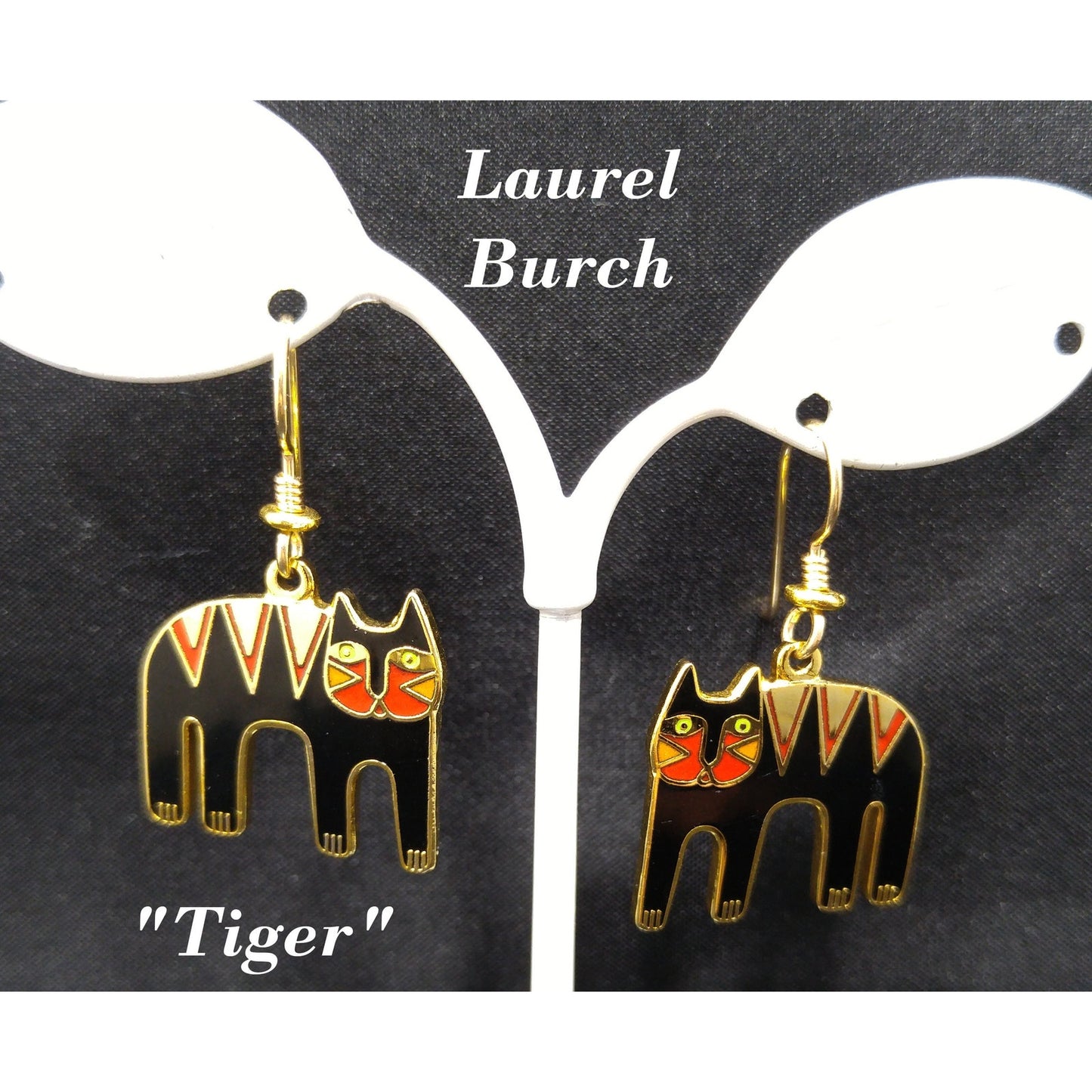 Vintage Laurel Burch "Tiger" Drop Earrings, Gold Plated, Black Red Enamel, 2005