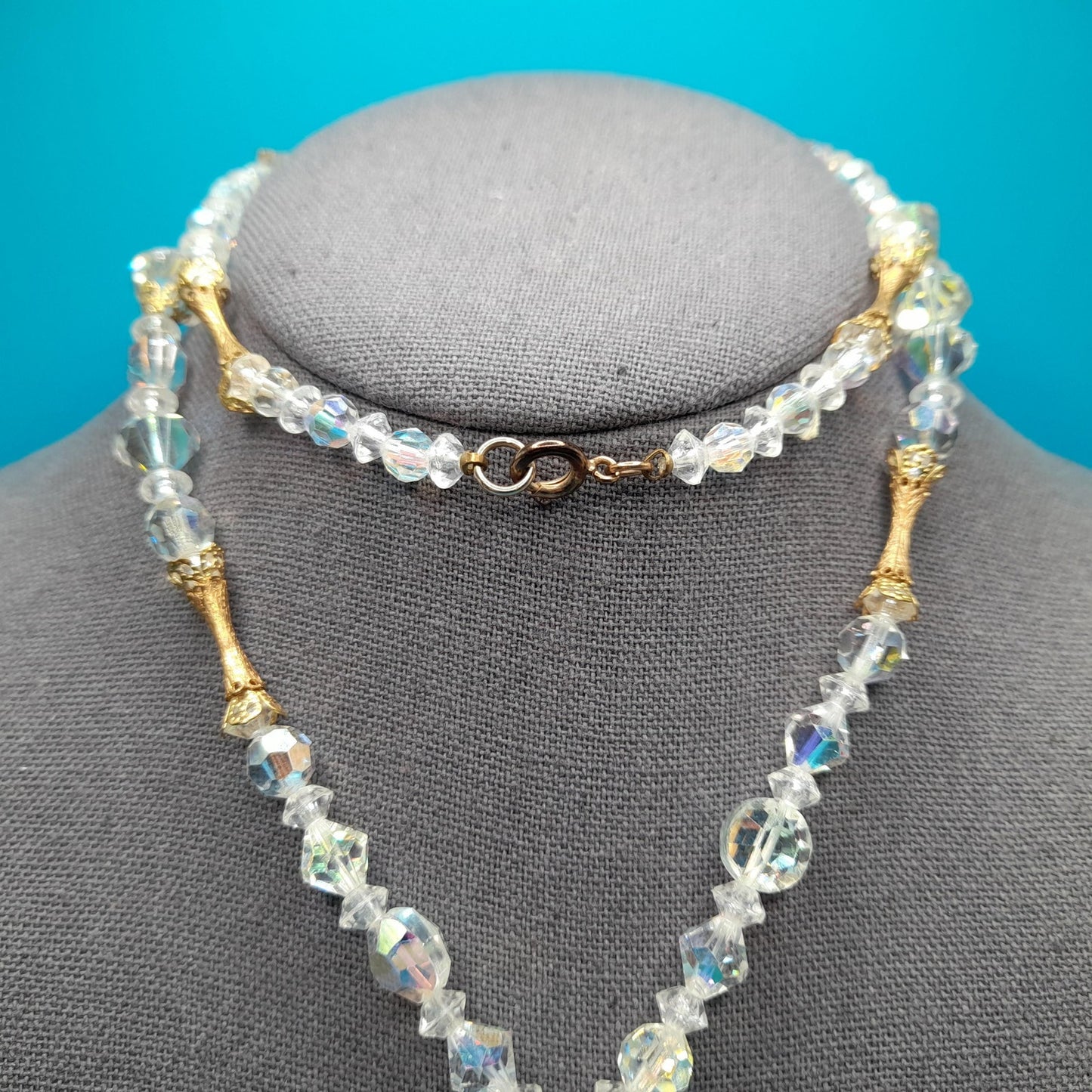 Clear Aurora Borealis Tassel Necklace, Bicone Round Aspirin Crystal Beads, 1960s Vintage Jewelry