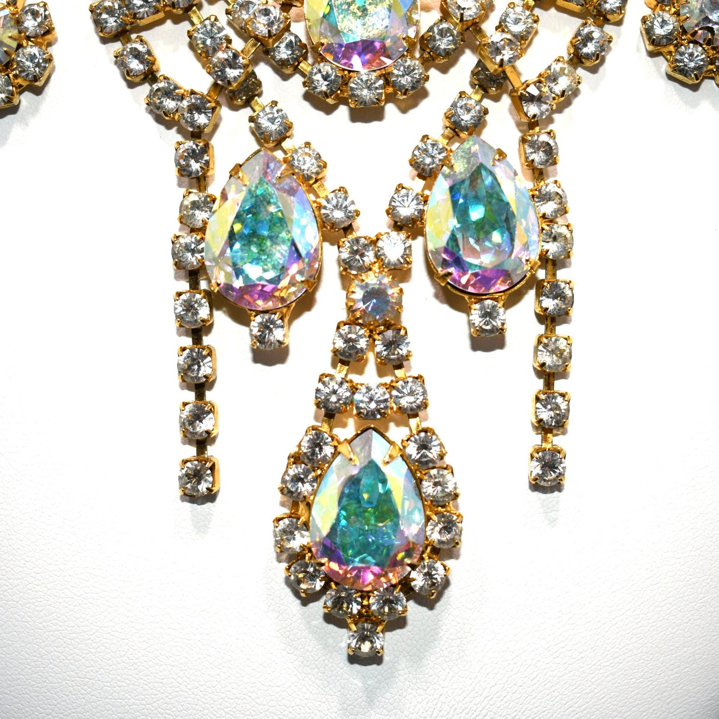 Aurora Borealis Rhinestone Frontal Necklace, Gold Plated, 21 Inches, 1970s Vintage Jewelry