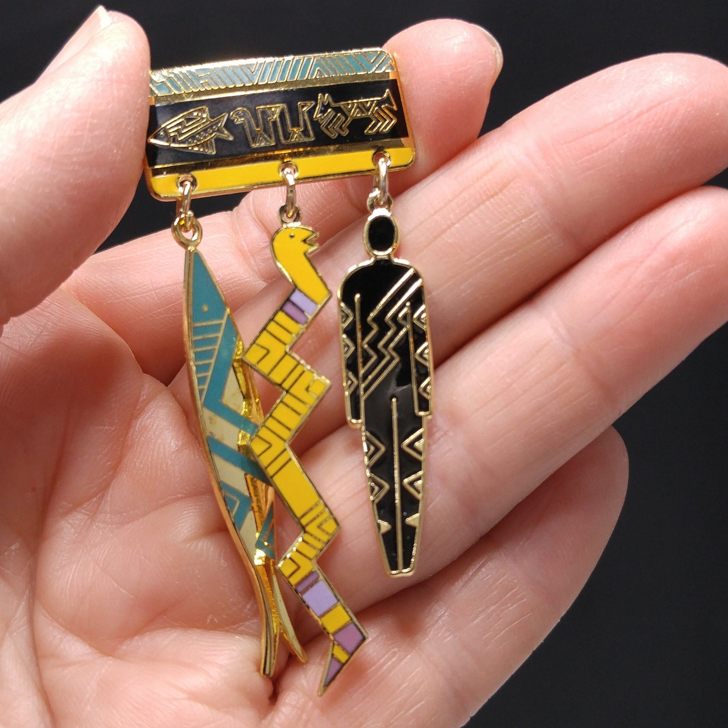 Laurel Burch "Artifacts" Brooch, Fish Snake Man, Gold Plated, 1980s Vintage
