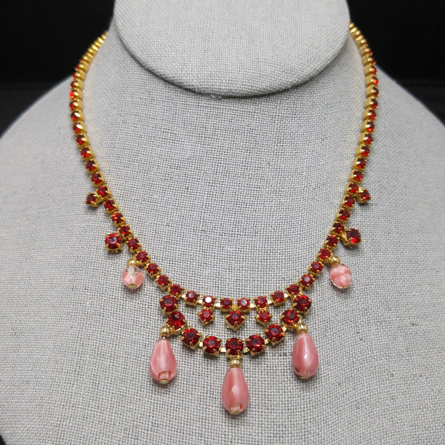 Red Rhinestone Pink Bead Choker Necklace, Gold Plated, 1950s Vintage Jewelry
