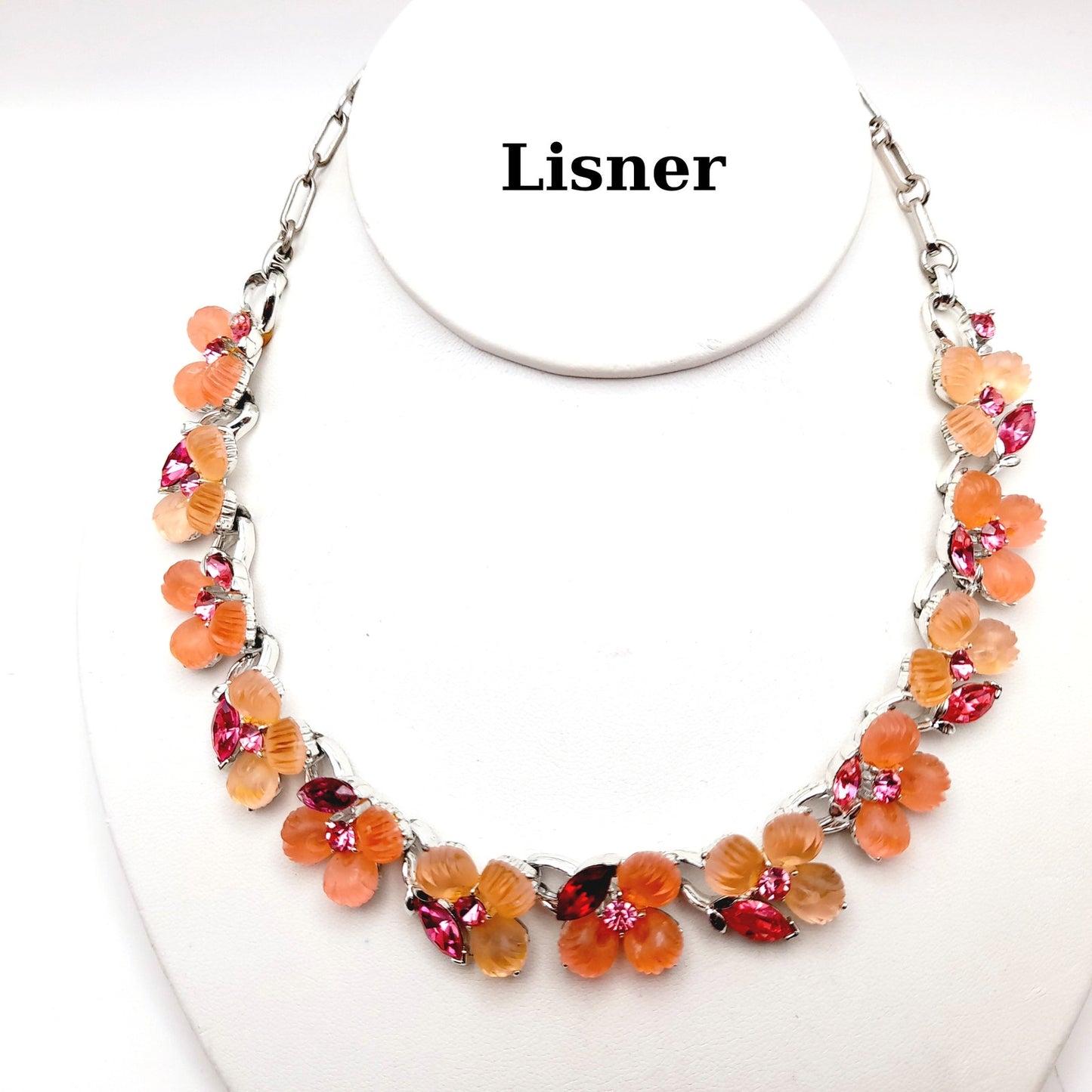 Vintage Lisner Pink Rhinestone Lucite Floral Choker