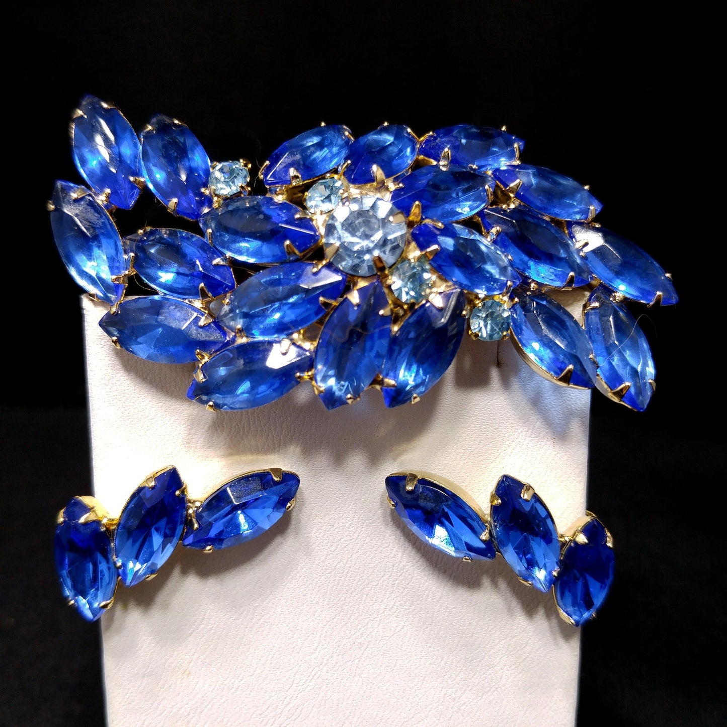 Vintage Royal Light Blue Rhinestone Brooch Earring Set, Gold Plated, 1960s Vintage Jewelry