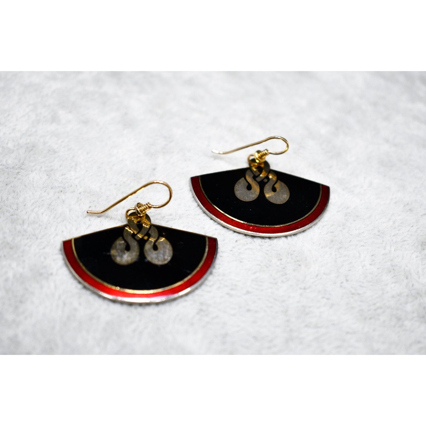 Laurel Burch Large Fan Love Knot Earrings, Cloisonne Gold Plated, Enamel Red Black, 1980s Vintage Jewelry