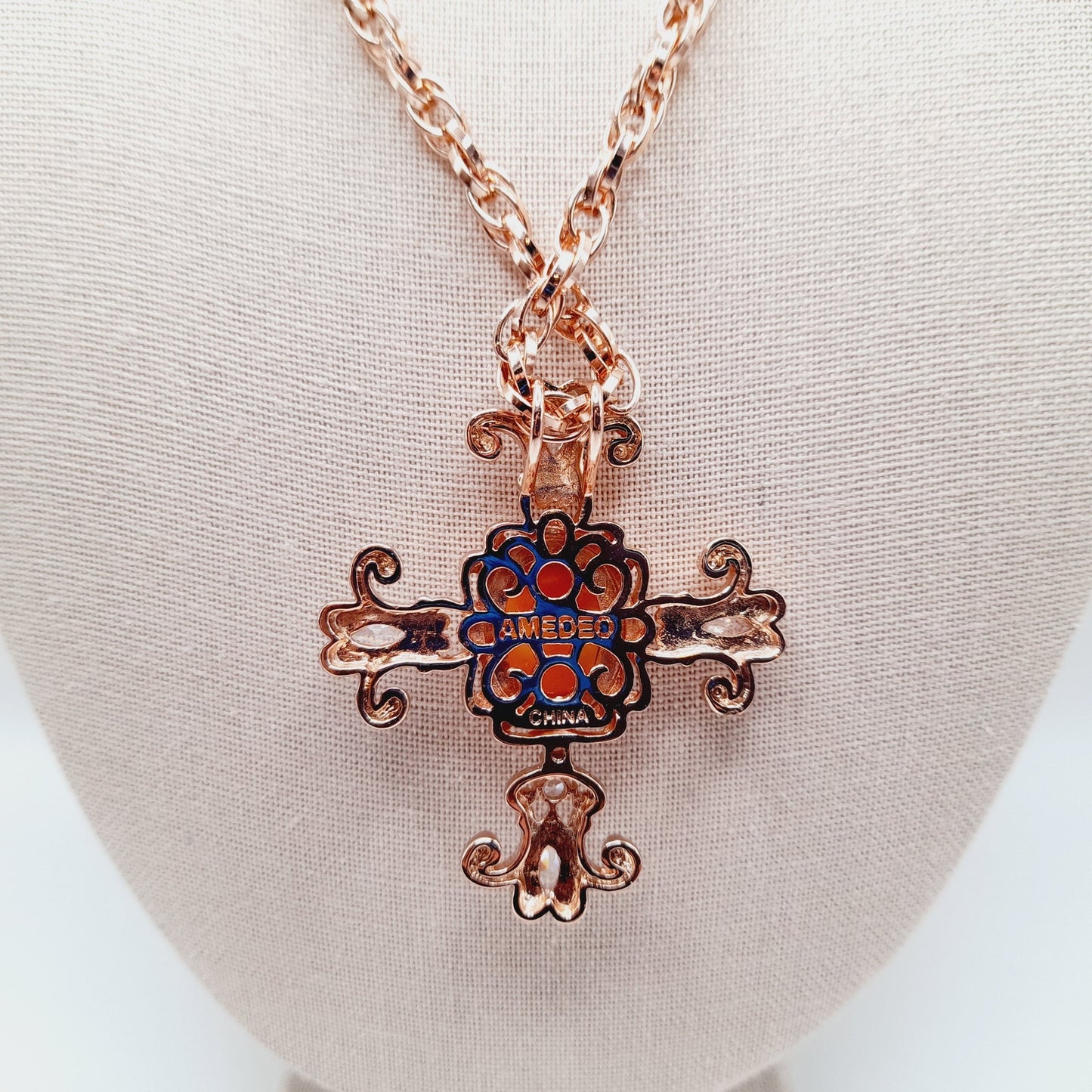 Amedeo Rose Gold Cameo Cross Pendant Necklace with Rhinestones, 18 Inches
