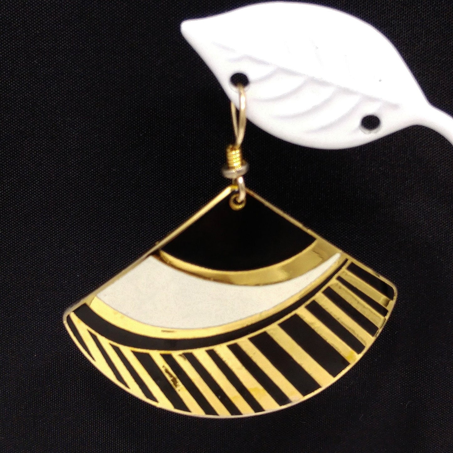 Laurel Burch Geometric Fan Earrings, Black White & Gold, 1980s Vintage Jewelry