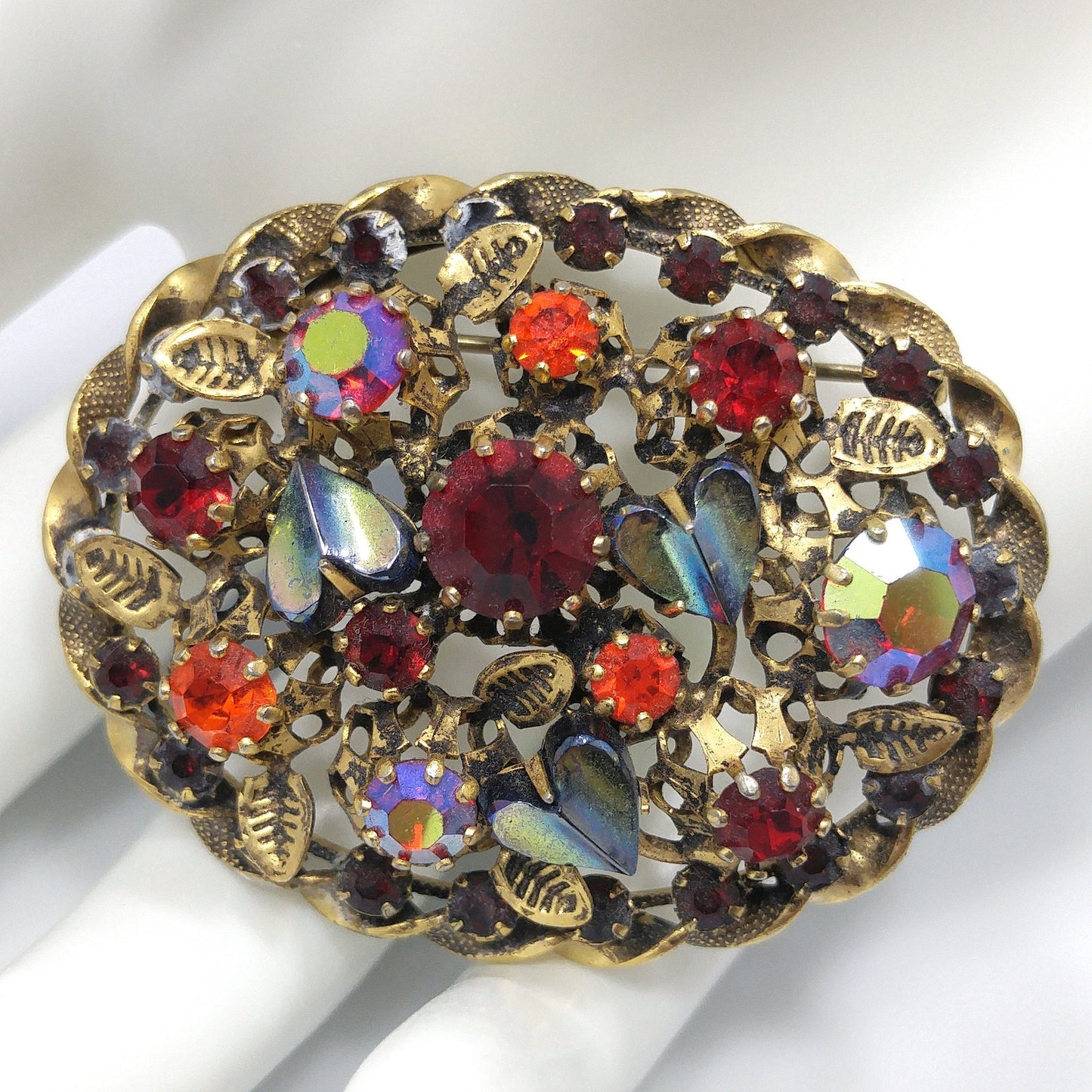Austria Red Orange Rhinestone Gold Plated Brooch, Metallic Art Glass, 1950s Vintage Jewelry