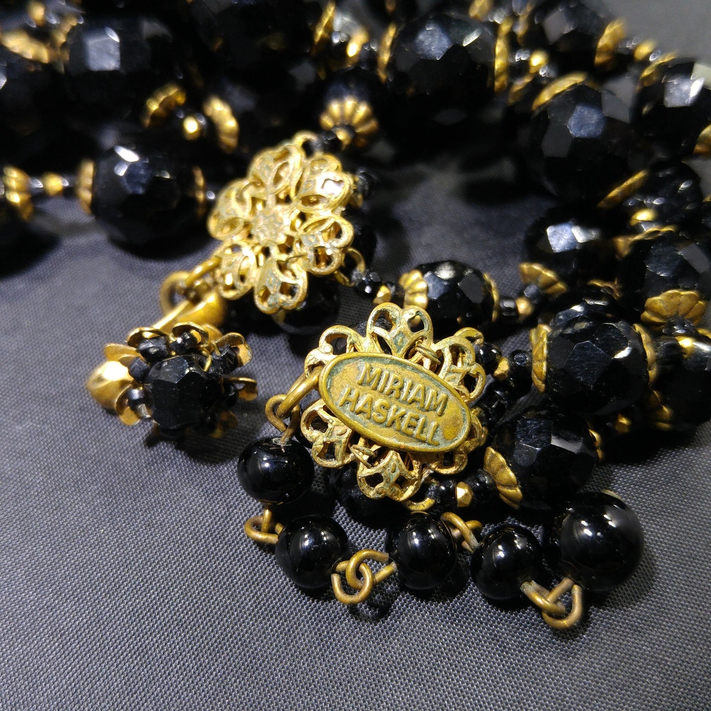 Miriam Haskell Black Beaded Necklace, Three Strands, 1960s Vintage Jewelry