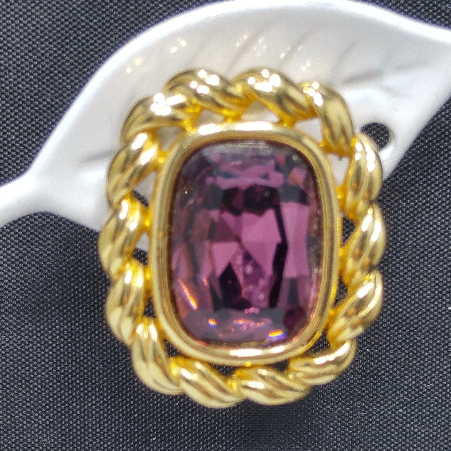 Swarovski S.A.L. Earrings, Purple Crystal Clip Ons, Gold Rope Design, 1970s Vintage Jewelry