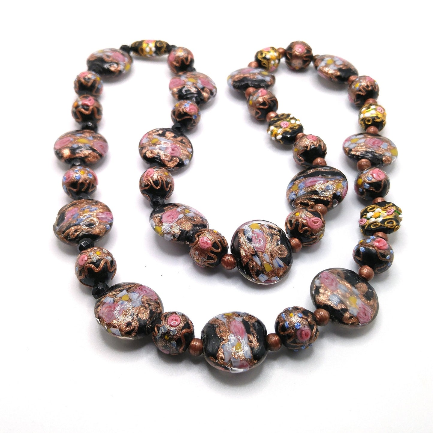 Vintage Italian Wedding Cake Glass Necklace, Black Gold Copper Venetian Lampwork Beads, 1940s Vintage Jewelry