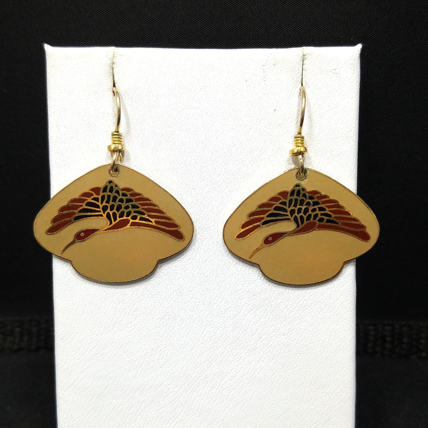 Vintage Laurel Burch Crane Bird Earrings, Gold Plated, Enamel Tan Dark Red Black
