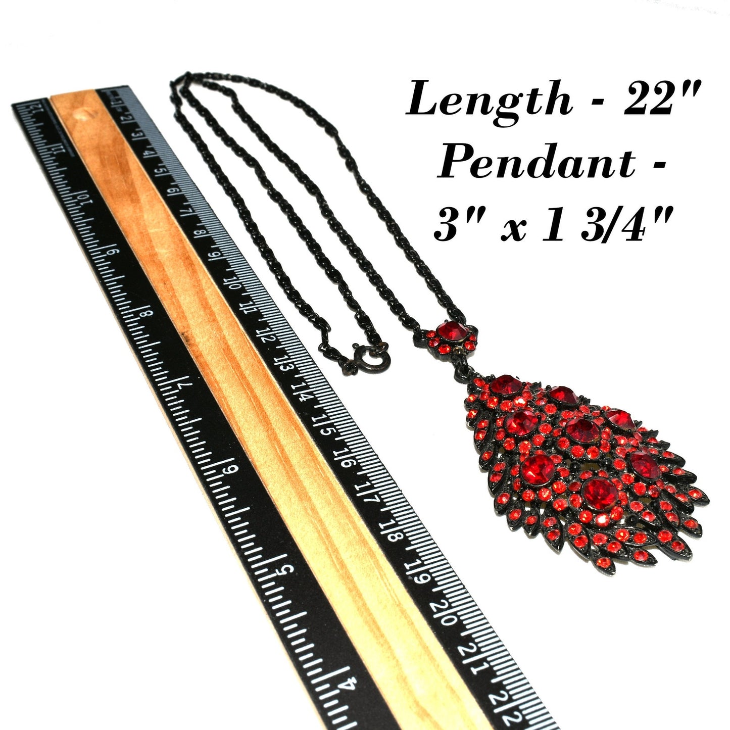 Rare Hollycraft Red Rhinestone Pendant Necklace, Black Enamel Japanned, 1950s Vintage Jewelry